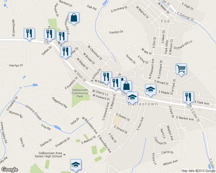 map of restaurants, bars, coffee shops, grocery stores, and more near 41 East Main Street in Dallastown