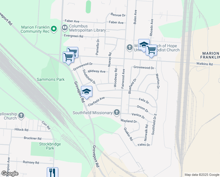map of restaurants, bars, coffee shops, grocery stores, and more near 3111 Woodway Road in Columbus