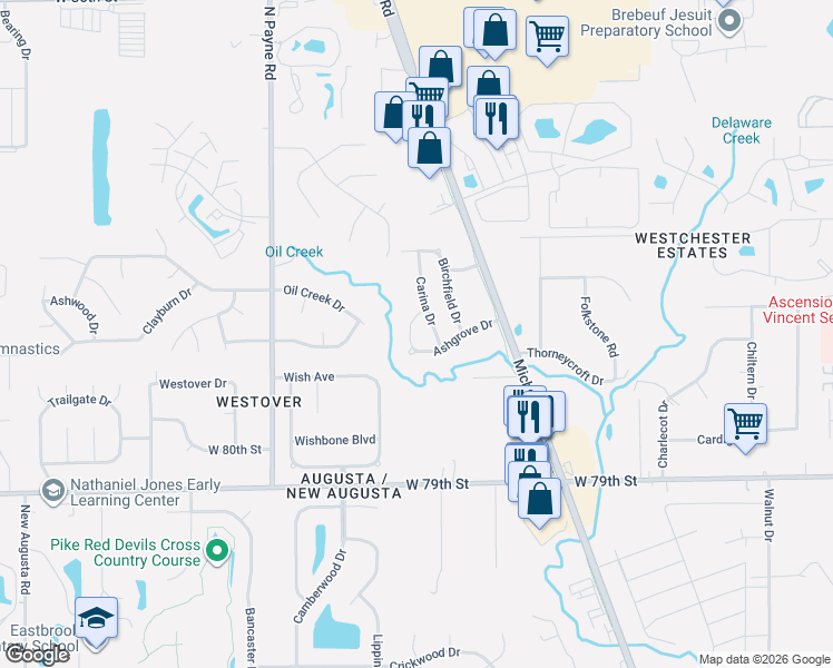 map of restaurants, bars, coffee shops, grocery stores, and more near 8063 Loveridge Drive in Indianapolis