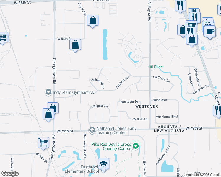 map of restaurants, bars, coffee shops, grocery stores, and more near 4151 Clayburn Drive in Indianapolis