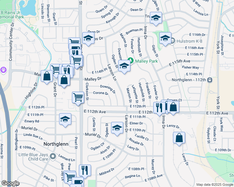 map of restaurants, bars, coffee shops, grocery stores, and more near 11306 Downing Drive in Northglenn