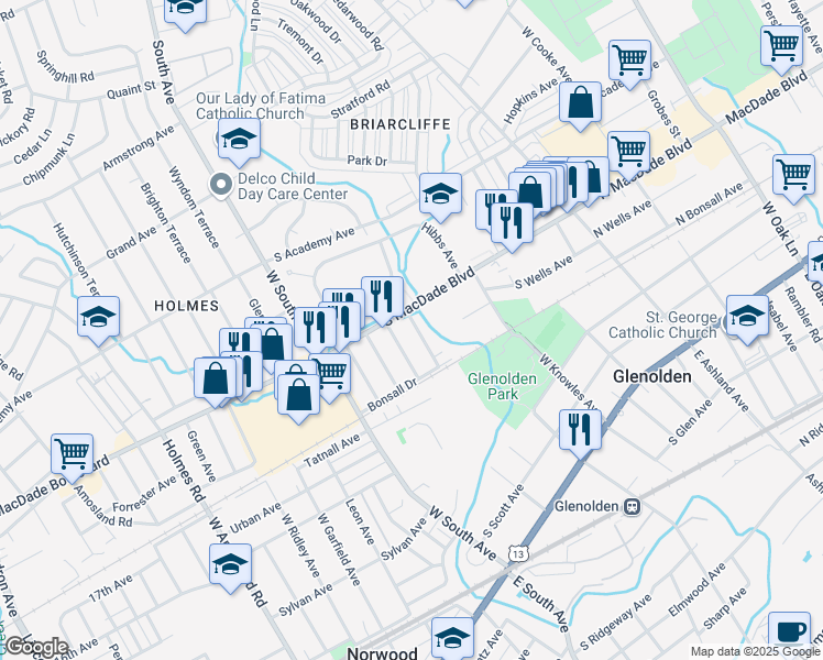 map of restaurants, bars, coffee shops, grocery stores, and more near 418 Dalmas Avenue in Glenolden