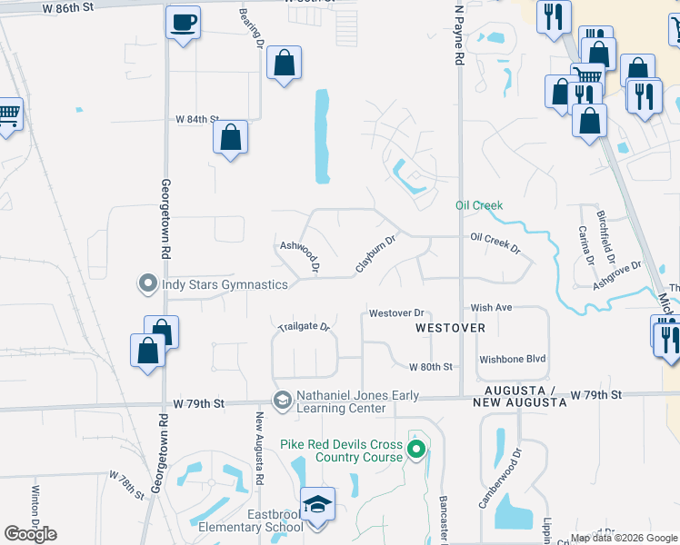 map of restaurants, bars, coffee shops, grocery stores, and more near 4151 Clayburn Drive in Indianapolis
