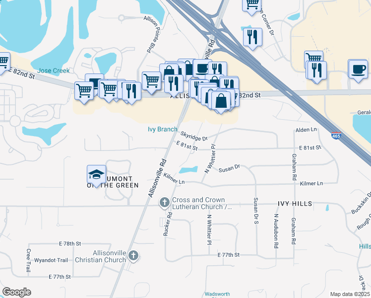 map of restaurants, bars, coffee shops, grocery stores, and more near 5229 E 81st St in Indianapolis