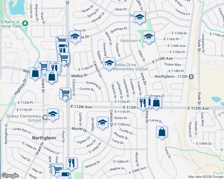map of restaurants, bars, coffee shops, grocery stores, and more near 11309 Marion St in Northglenn