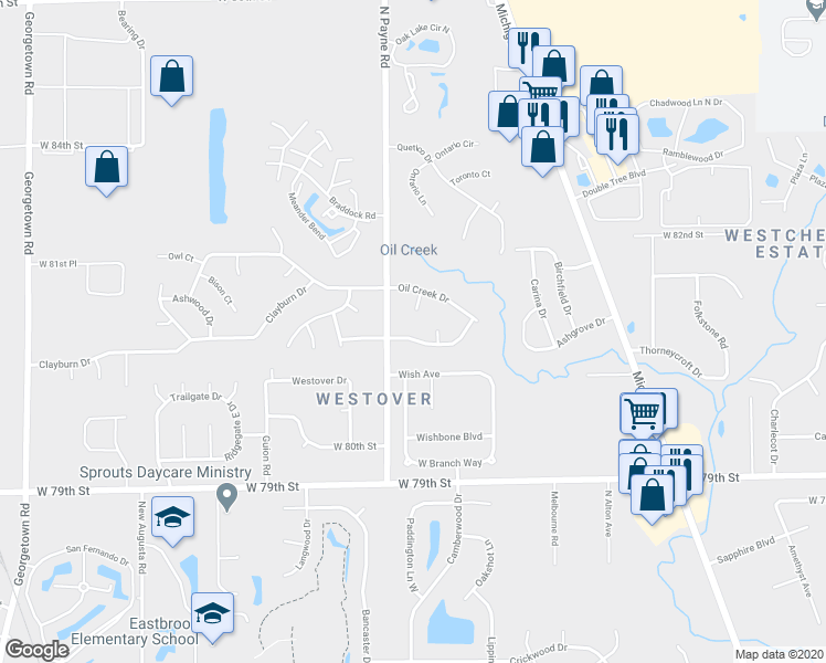 map of restaurants, bars, coffee shops, grocery stores, and more near 3810 Pebble Creek Drive in Indianapolis