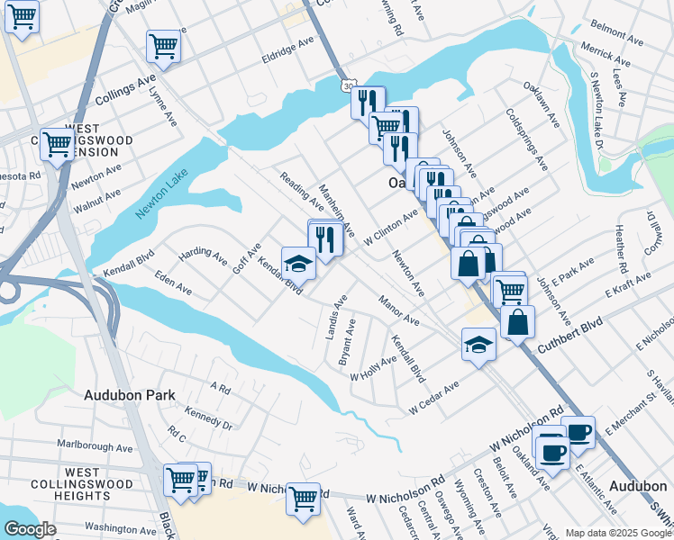 map of restaurants, bars, coffee shops, grocery stores, and more near 204 West Clinton Avenue in Oaklyn