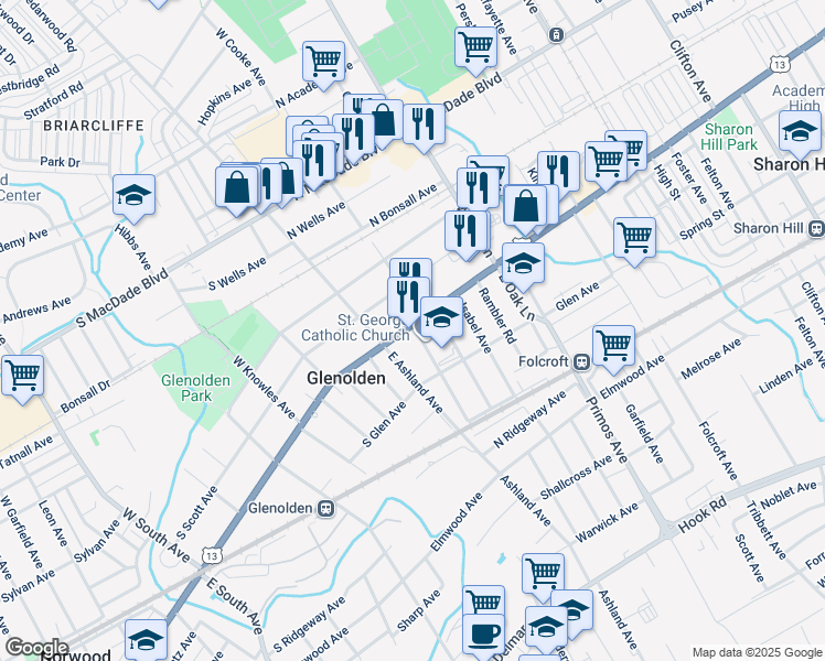 map of restaurants, bars, coffee shops, grocery stores, and more near 49 North Chester Pike in Glenolden