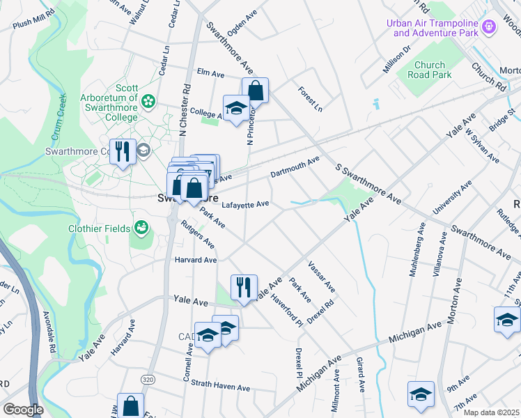 map of restaurants, bars, coffee shops, grocery stores, and more near 218 Lafayette Avenue in Swarthmore