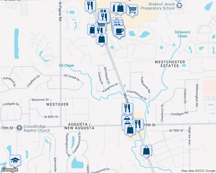 map of restaurants, bars, coffee shops, grocery stores, and more near 8068 Birchfield Drive in Indianapolis