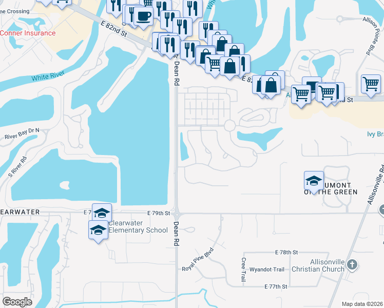 map of restaurants, bars, coffee shops, grocery stores, and more near 8044 Clymer Lane in Indianapolis