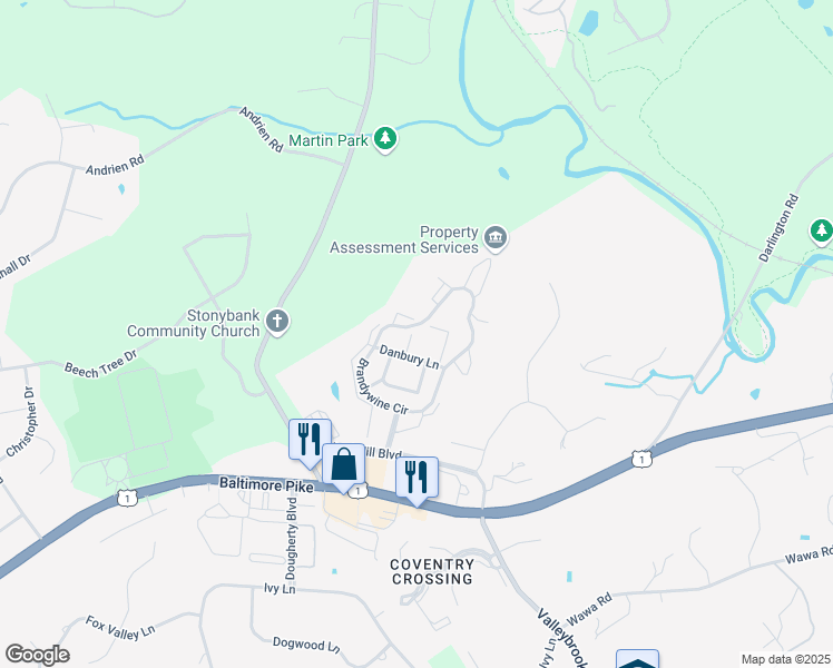 map of restaurants, bars, coffee shops, grocery stores, and more near 333 Danbury Court in Glen Mills