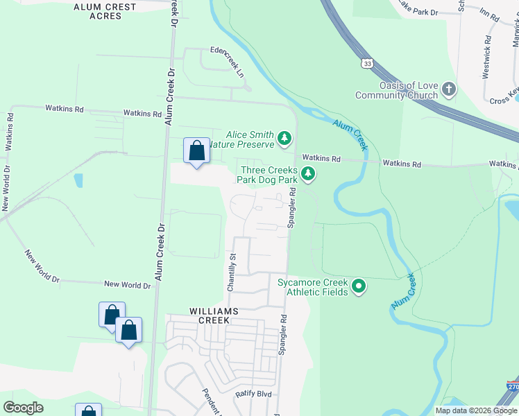 map of restaurants, bars, coffee shops, grocery stores, and more near 3264 Green Meadows Street in Columbus
