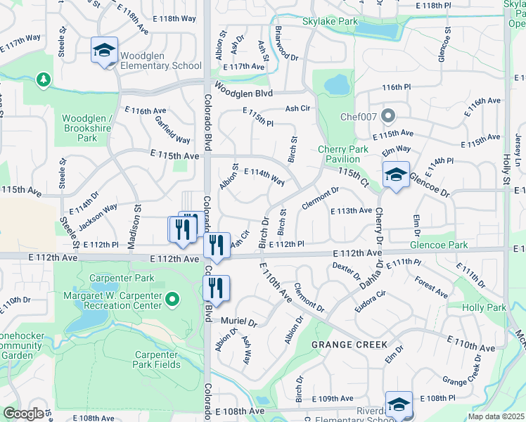 map of restaurants, bars, coffee shops, grocery stores, and more near 11327 Birch Drive in Thornton
