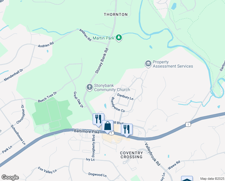 map of restaurants, bars, coffee shops, grocery stores, and more near 77 Bayberry Court in Glen Mills
