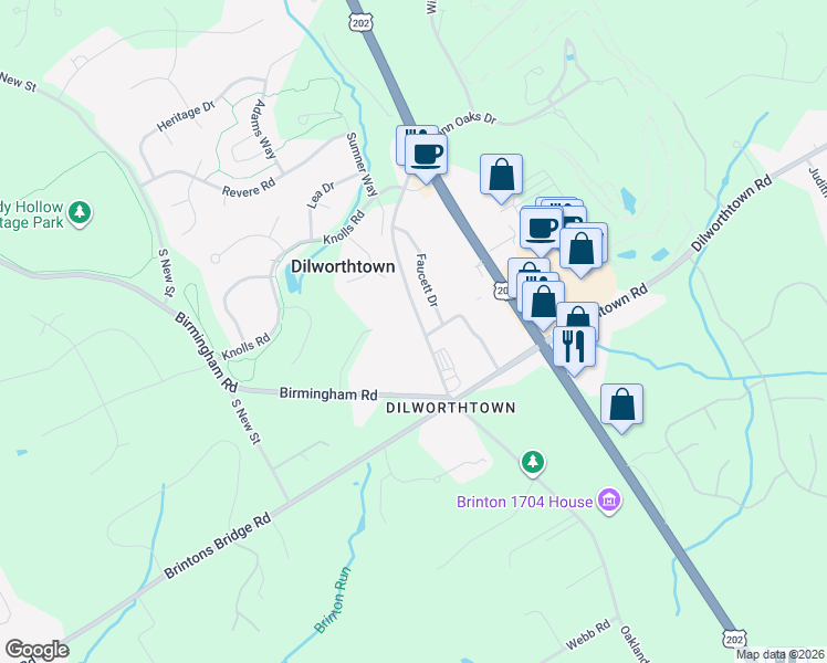 map of restaurants, bars, coffee shops, grocery stores, and more near 1370 Old Wilmington Pike in West Chester