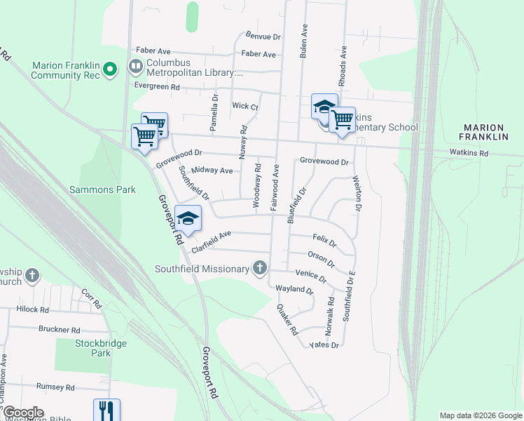 map of restaurants, bars, coffee shops, grocery stores, and more near 3111 Woodway Road in Columbus