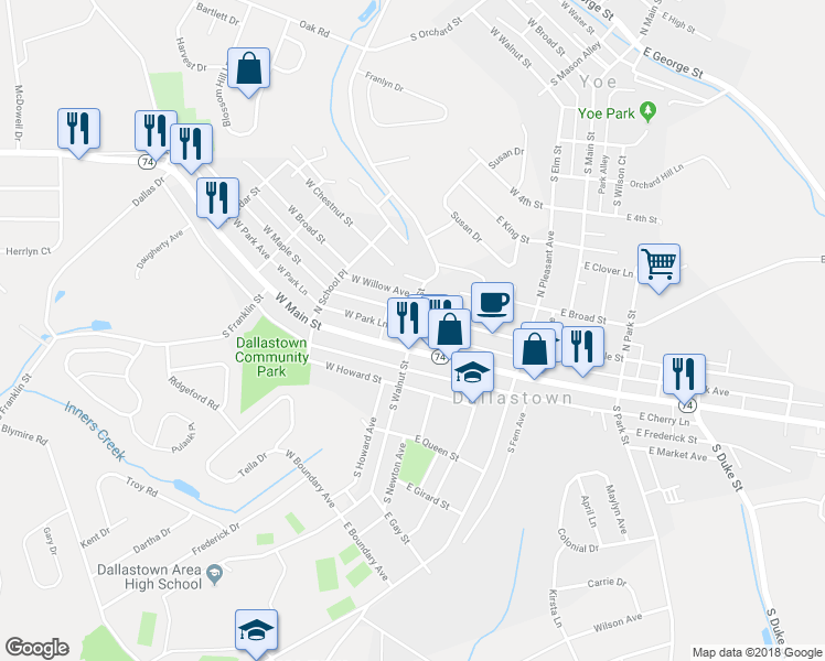 map of restaurants, bars, coffee shops, grocery stores, and more near 21 North Walnut Street in Dallastown