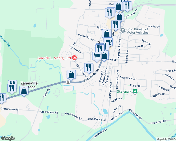 map of restaurants, bars, coffee shops, grocery stores, and more near 6 Miller Street in Zanesville
