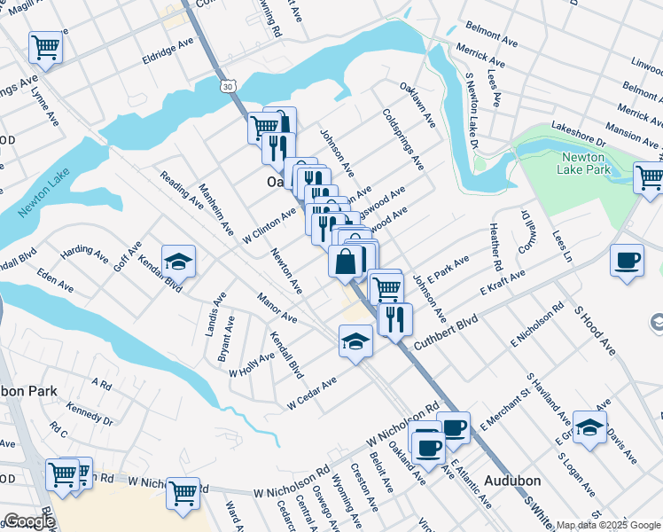map of restaurants, bars, coffee shops, grocery stores, and more near 714 White Horse Pike in Oaklyn