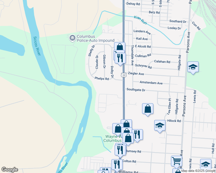 map of restaurants, bars, coffee shops, grocery stores, and more near 2951 South High Street in Columbus