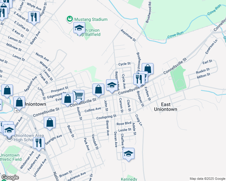 map of restaurants, bars, coffee shops, grocery stores, and more near 16 North Gordon Street in Uniontown