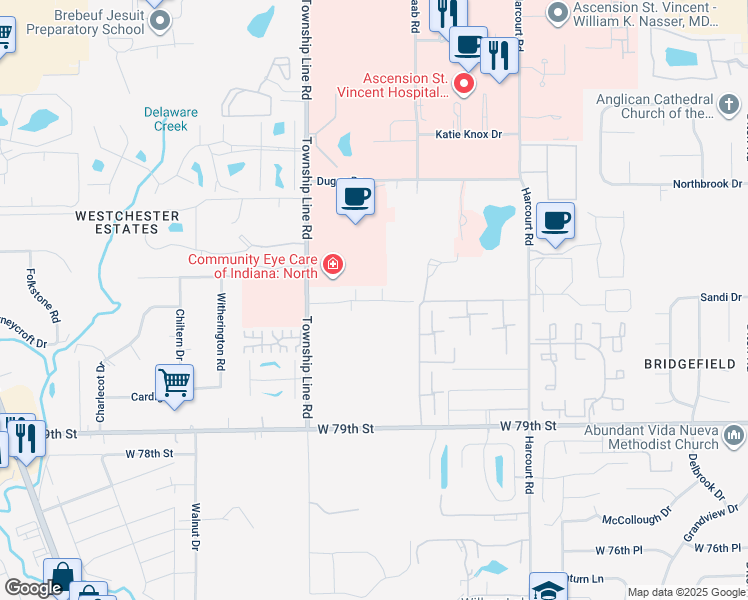 map of restaurants, bars, coffee shops, grocery stores, and more near 2283 Woodglen Drive in Indianapolis