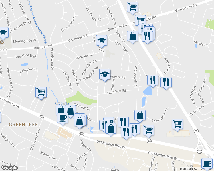 map of restaurants, bars, coffee shops, grocery stores, and more near 210 Tinder Box Lane in Evesham Township