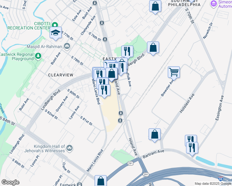 map of restaurants, bars, coffee shops, grocery stores, and more near 3214 Island Avenue in Philadelphia