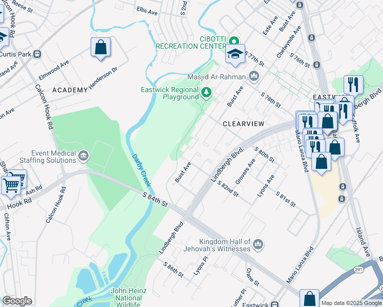 map of restaurants, bars, coffee shops, grocery stores, and more near 8125 Buist Avenue in Philadelphia