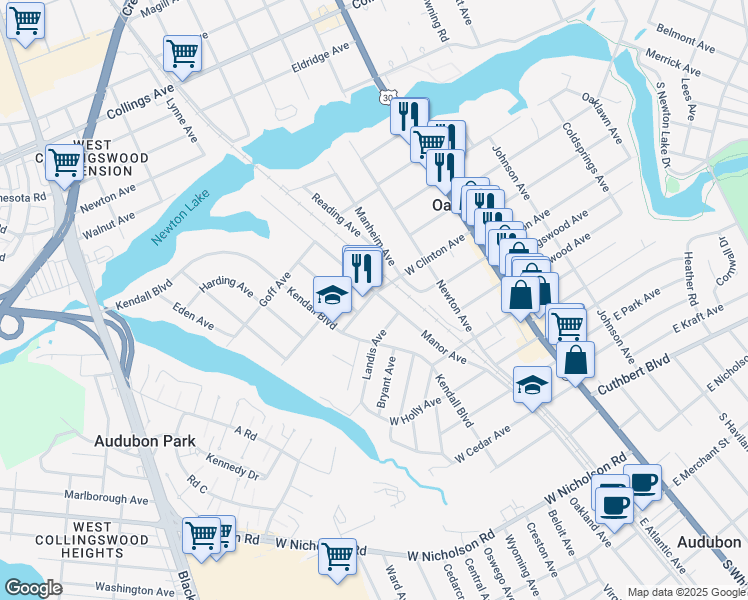 map of restaurants, bars, coffee shops, grocery stores, and more near 204 West Clinton Avenue in Oaklyn