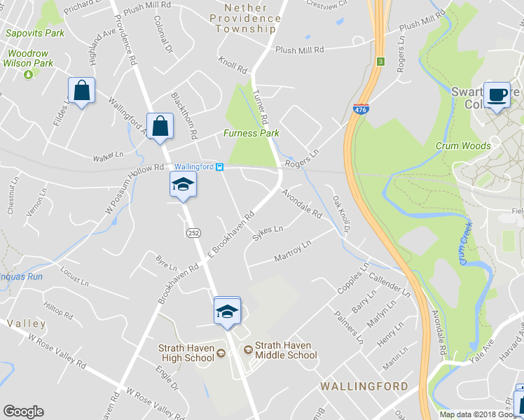 map of restaurants, bars, coffee shops, grocery stores, and more near 106 East Brookhaven Road in Nether Providence Township