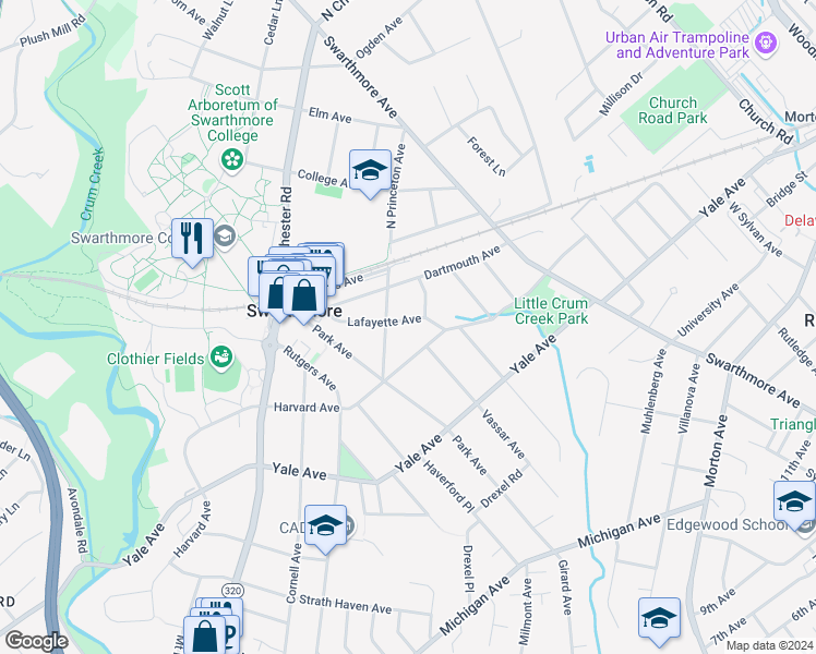 map of restaurants, bars, coffee shops, grocery stores, and more near 218 Lafayette Avenue in Swarthmore