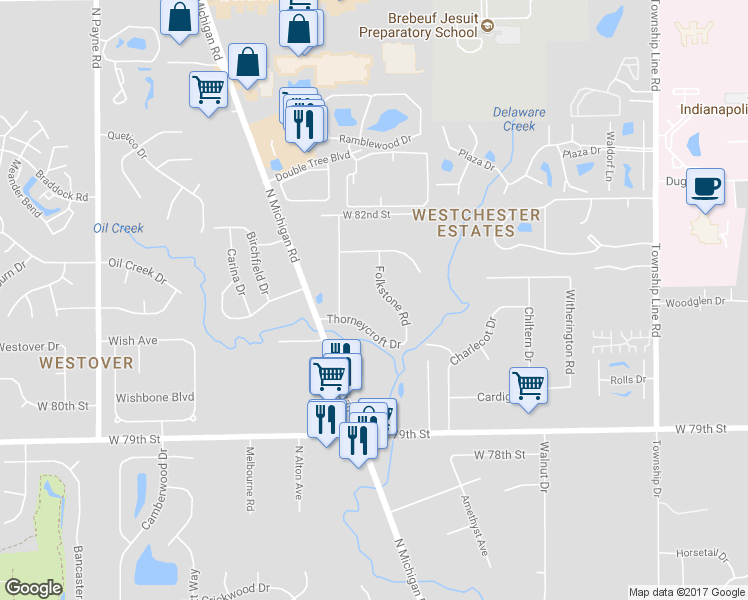 map of restaurants, bars, coffee shops, grocery stores, and more near 8074 Folkstone Road in Indianapolis