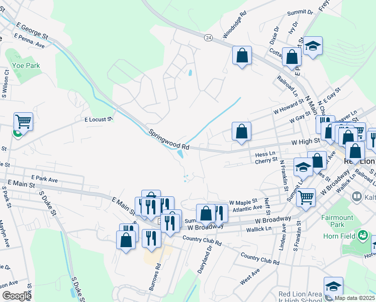 map of restaurants, bars, coffee shops, grocery stores, and more near 3570 Springwood Road in Red Lion