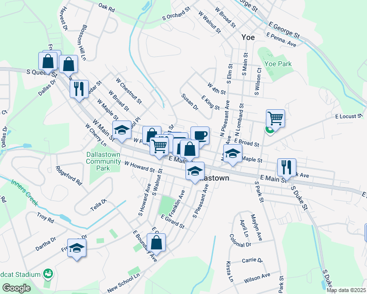 map of restaurants, bars, coffee shops, grocery stores, and more near 44 East Maple Street in Dallastown