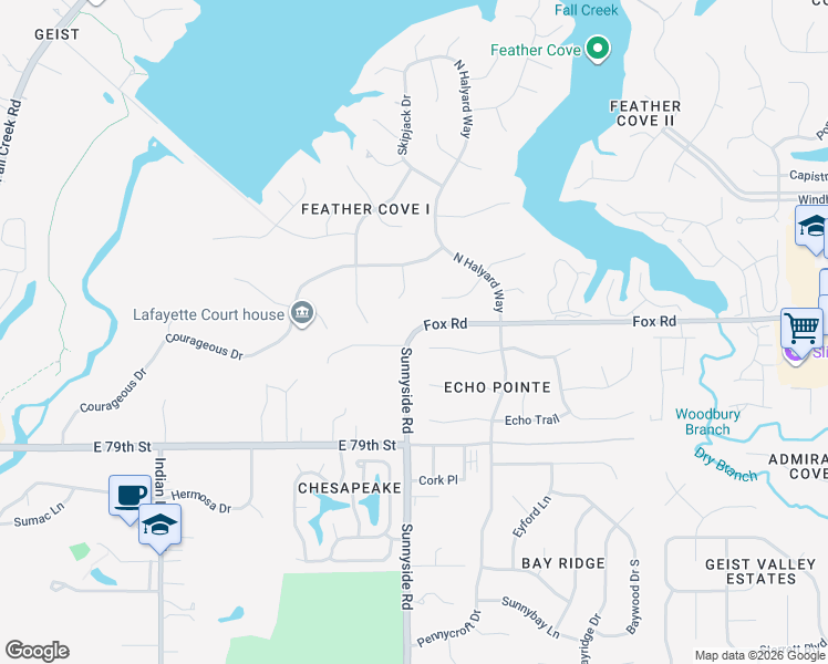 map of restaurants, bars, coffee shops, grocery stores, and more near Sunnyside Road & Fox Road in Indianapolis