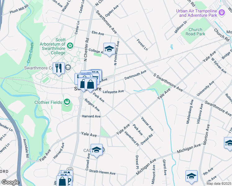 map of restaurants, bars, coffee shops, grocery stores, and more near 101 South Princeton Avenue in Swarthmore