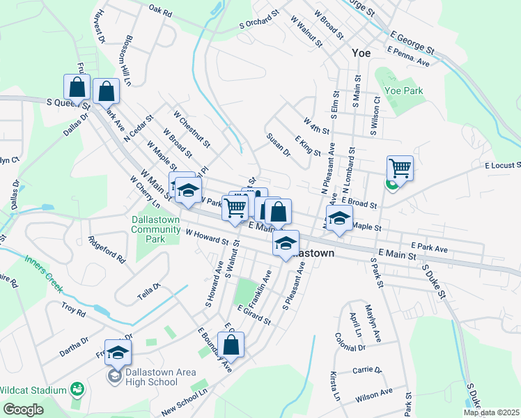 map of restaurants, bars, coffee shops, grocery stores, and more near 46 East Maple Street in Dallastown