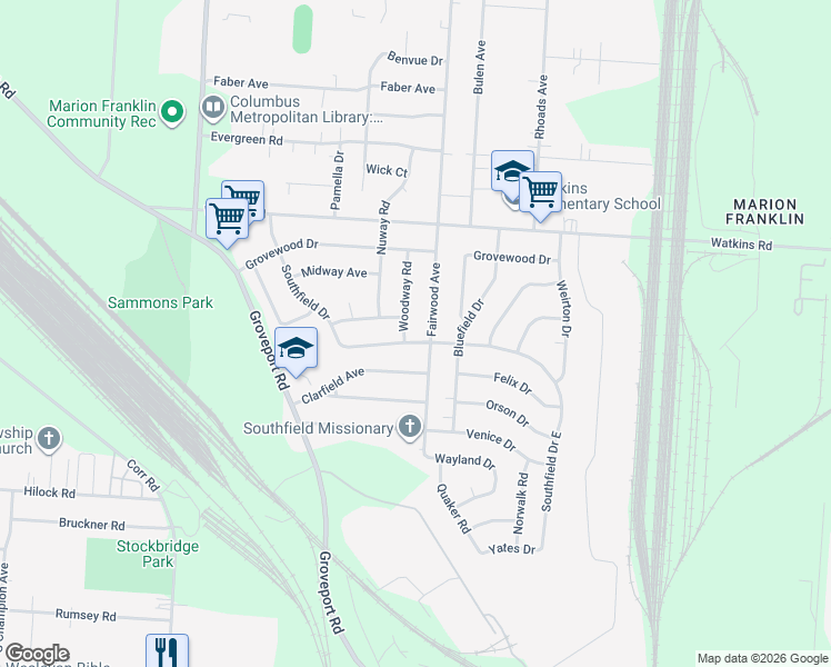 map of restaurants, bars, coffee shops, grocery stores, and more near 3111 Woodway Road in Columbus