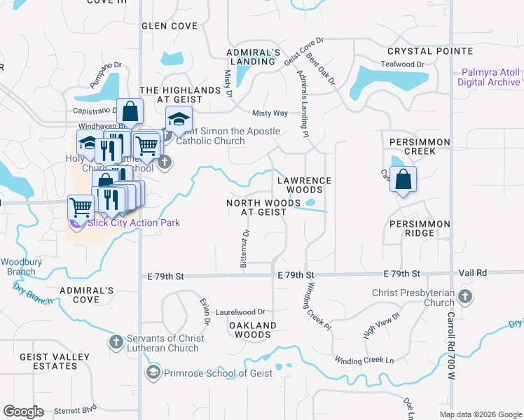 map of restaurants, bars, coffee shops, grocery stores, and more near 12128 Whitebark Drive in Indianapolis