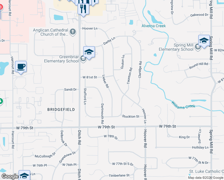 map of restaurants, bars, coffee shops, grocery stores, and more near 8053 Lieber Road in Indianapolis