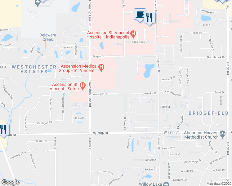 map of restaurants, bars, coffee shops, grocery stores, and more near 2200 Woodglen Drive in Indianapolis