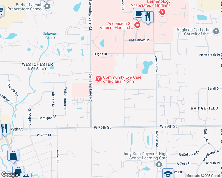 map of restaurants, bars, coffee shops, grocery stores, and more near 2283 Woodglen Drive in Indianapolis