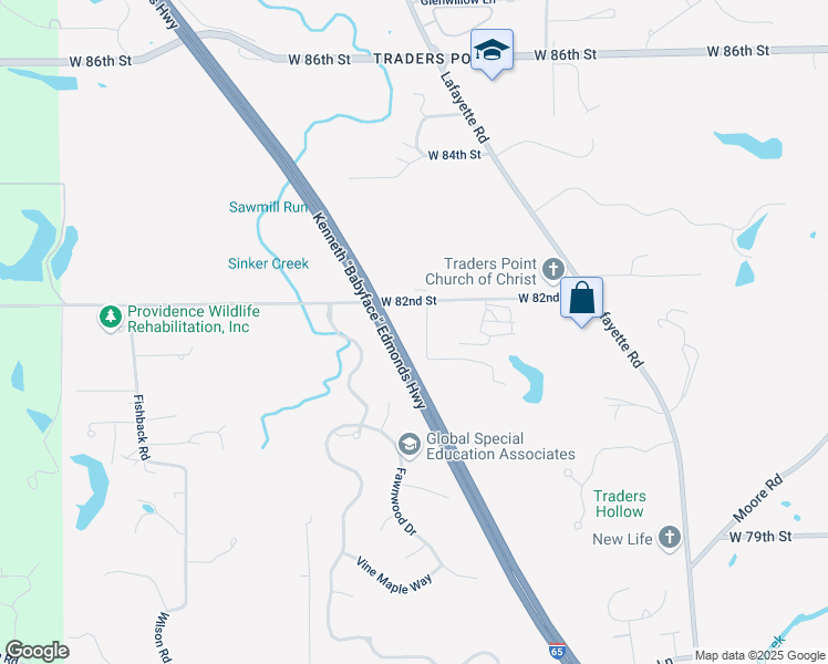 map of restaurants, bars, coffee shops, grocery stores, and more near Interstate 65 in Indianapolis