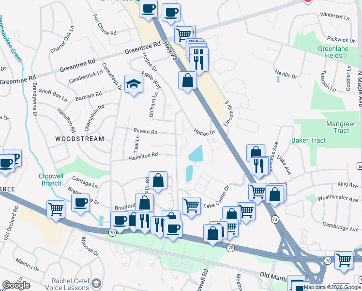 map of restaurants, bars, coffee shops, grocery stores, and more near 1005 Chesterwood Court in Evesham