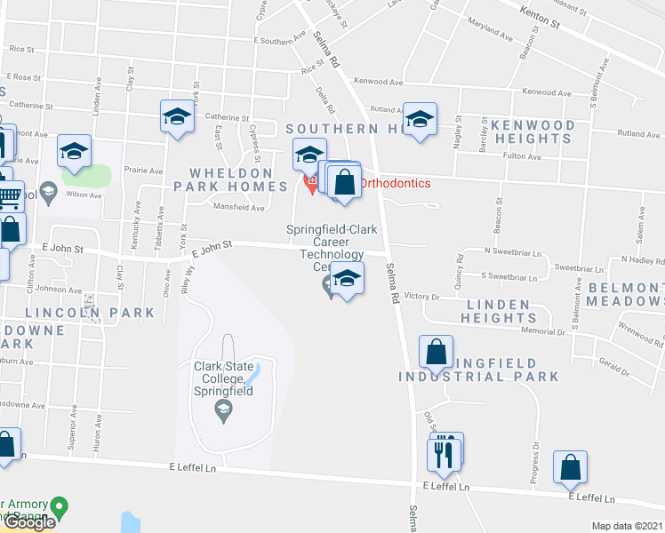 map of restaurants, bars, coffee shops, grocery stores, and more near 1105 East John Street in Springfield
