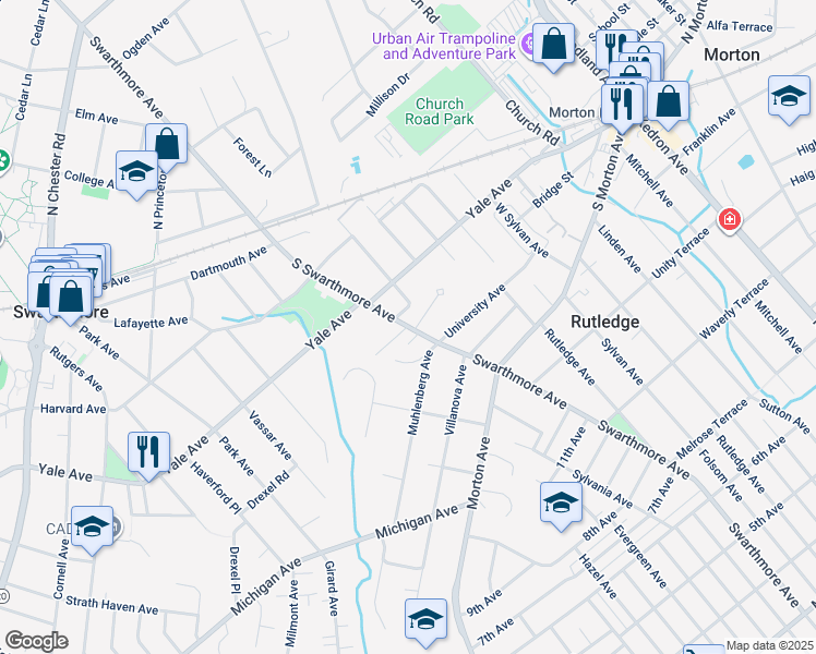 map of restaurants, bars, coffee shops, grocery stores, and more near 346 South Swarthmore Avenue in Swarthmore