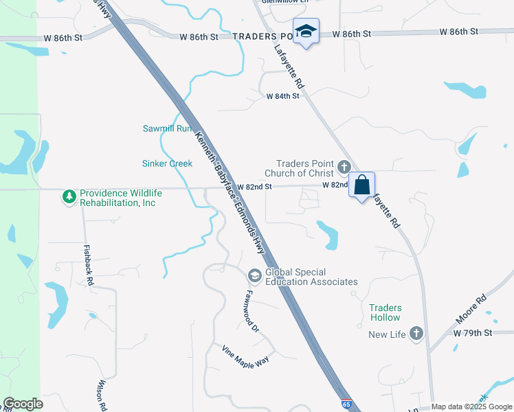 map of restaurants, bars, coffee shops, grocery stores, and more near Interstate 65 in Indianapolis