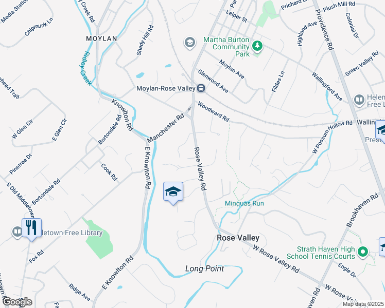 map of restaurants, bars, coffee shops, grocery stores, and more near 17 Rose Valley Road in Media